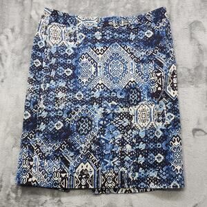 Van Heusen Studio Skirt Women 10 Blue Geometric Print Pencil Lined Cotton Preppy